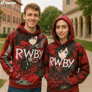 RWBY‎ Rooster Teeth Mens XL Ruby Rose Red Black Cosplay Anime Pullover Hoodie
